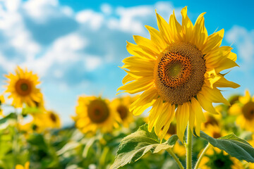 Sticker - A golden sunflower field under a bright blue sky, symbolizing the vibrant spirit of harvest season 