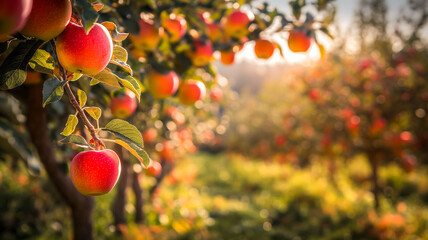 Wall Mural - A picturesque orchard with trees heavy with ripe apples, showcasing the fruitful beauty of harvest season 