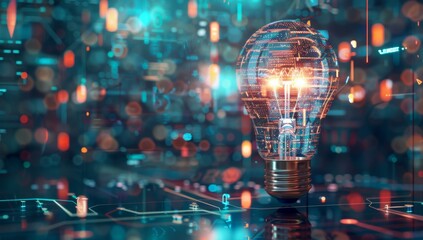 Poster - A light bulb is lit up on a futuristic background. AI.