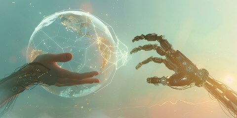 Poster - Two hands holding a globe with robotic arms reaching out to it. AI.