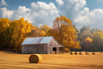 Sticker - A rustic barn surrounded by golden hay bales, representing the quintessential harvest season in the countryside 