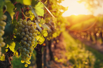 Sticker - A sunlit vineyard during harvest season with lush green vine and ripe grapes, evoking rustic charm 