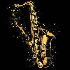 A golden saxophone, vector illustration on black background, simple and minimalistic, flat colors