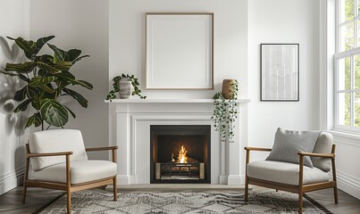 Wall Mural - Interior living room with fireplace and empty frame on the wall with minimalist furniture chair plant chair white