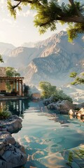 Wall Mural - Immersive 3D visualization of a tranquil Islamic retreat, nestled amidst scenic mountains and valleys.