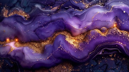 Wall Mural - A stunning, rich purple and gold abstract art resembling a galaxy with vibrant swirls and glowing highlights, evoking a sense of wonder and cosmic beauty.