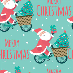 Wall Mural - Seamless Christmas pattern with Santa on bike with trees and snow on blue background.