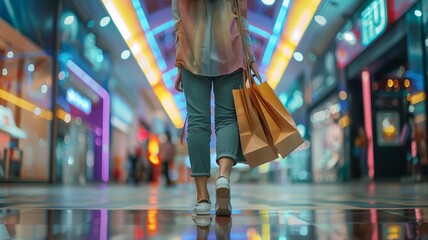 a woman back side view in casual clothing standing in a spacious shopping mall with vibrant lights, holding many paper bags, full body shot