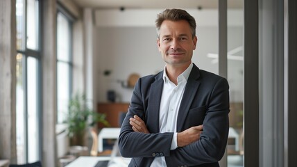 cheerful professional businessman standing confidently in an office