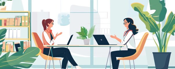 Wall Mural - Illustration of two businesswomen having a discussion in a modern office setting, with laptops and paperwork, emphasizing collaboration and professional communication.
