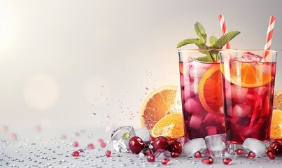 Two glasses of summer cocktails on white background with space for text