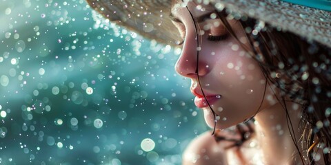 Wall Mural - Woman with sparkling water drops and summer hat