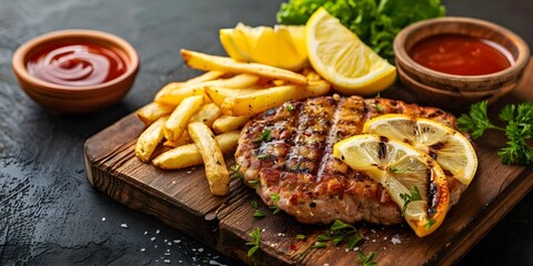 Poster - Uruguayan Milanesa Beef Cutlet with Fries and Lemon on Wooden Board. Concept Food Photography, Uruguayan Cuisine, Milanesa Cutlet, Fries, Appetizing Presentation