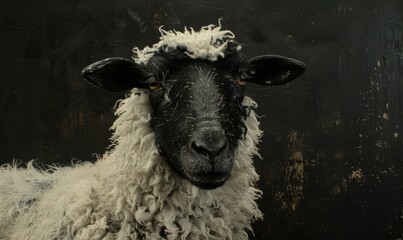 Wall Mural - A sheep with a black face and white body is staring at the camera