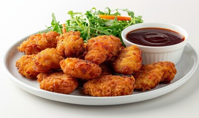 Wall Mural - Chicken nuggets with two dressings on a plate, isolated on a white background