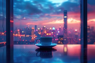 Sticker - Table with a cup of coffee near panoramic window with night city view