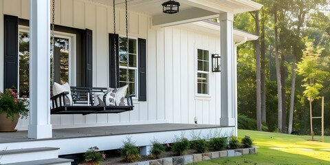 Modern farmhouse style home with porch swing white board batten siding. Concept Home Design, Porch Swing, White Board Batten Siding, Modern Farmhouse Style