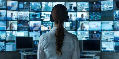 Poster - Woman monitors digital screens in a high-tech surveillance control room A glimpse into modern security operations. Concept Security Operations, Surveillance Control Room, High-Tech Monitoring