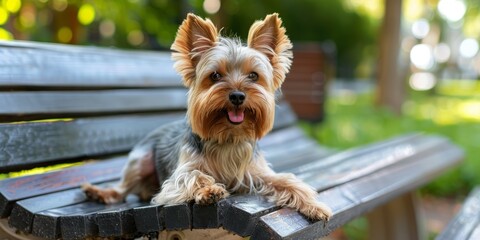 Wall Mural - Smiling Yorkshire Terrier relaxing on a bench