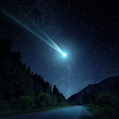 Wall Mural - night scene with a comet, asteroid, meteorite flying to earth. night landscape. elements of this ima
