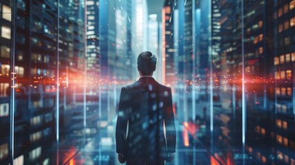 Businessman in suit with modern glass buildings in the background