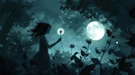 Wall Mural - A girl is holding a dandelion in a dark forest