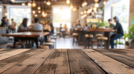 Wall Mural - Rustic Wooden Table in a Blurred Cafe Setting