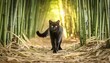 © Modern Arts - cute playful little black cat with green eyes prowling around in bamboo forest on sunny day; selective focus