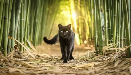 cute playful little black cat with green eyes prowling around in bamboo forest on sunny day; selecti