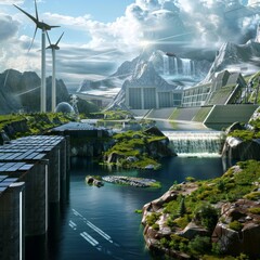 Poster - A futuristic city with a river running through it and a waterfall