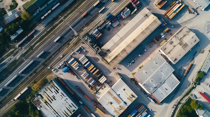 Leinwandbilder - Aerial view of goods warehouses and logistics center in industrial city zone from above : Generative AI