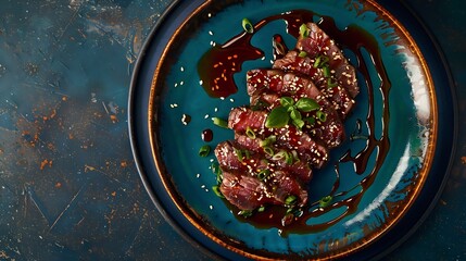 Wall Mural - Beef tataki with sauce and sesame on blue plate Japanese food : Generative AI