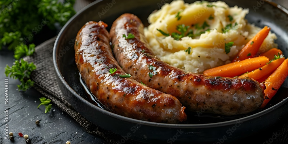 Traditional British Bangers And Mash With Steamed Carrots Concept traditional-british-bangers-and-mash-with-steamed-carrots-concept