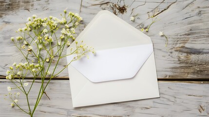Aufkleber - White envelope mockup blank template with yellow gypsophila flower on wooden gray table : Generative AI