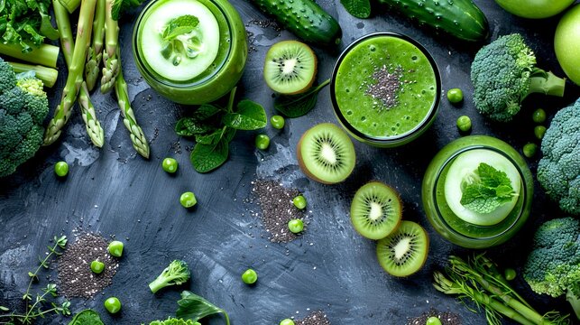 healthy green smoothie with fresh ingredients. this bright image features a variety of green vegetab