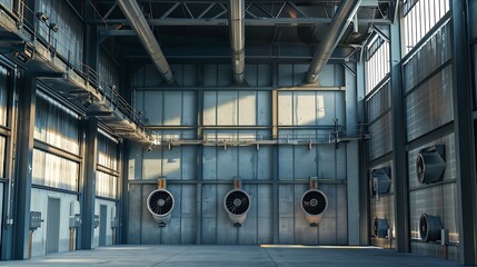 Poster - Industrial building with steel roof construction and  installed exhaust fans on the wall and with hydrant installation : Generative AI
