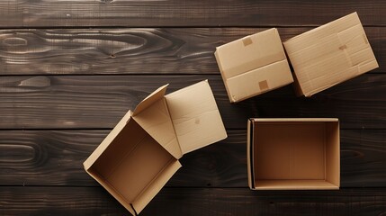 Aufkleber - Open and closed carton boxes isolated on dark timber backgroundTop view : Generative AI