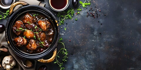 Wall Mural - Coq au Vin A Classic French Dish of Chicken Braised in Red Wine. Concept Classic French cuisine, Chicken recipe, Red wine cooking, French cooking tradition, Elegant dinner dish