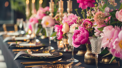 Beautifully set outdoor table with bouquets of various flowers in vases, candles, luxury tableware and golden cutlery