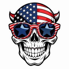 Wall Mural - Black and White Illustration of a Smiling Skull Wearing Patriotic American Flag Sunglasses