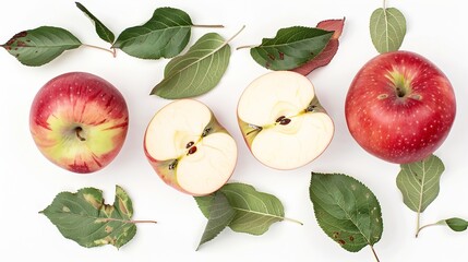 Poster - Red apple with leaves and halves isolated on white background cut out : Generative AI