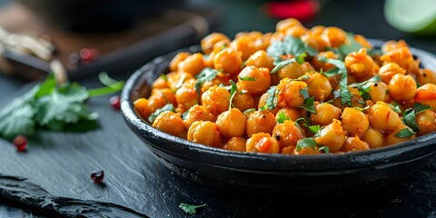 Wall Mural - Spicy Indian Chickpea Curry in a Close-up Shot on a Black Slate Bowl. Concept Food Photography, Indian Cuisine, Close-up Shots, Curry Recipes, Styling and Composition