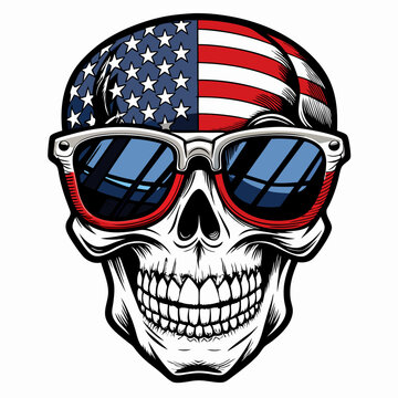 Black and White Illustration of a Smiling Skull Wearing Patriotic American Flag Sunglasses