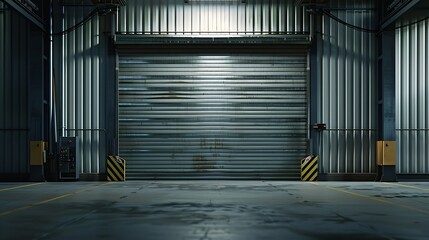 Poster - Closed metal grate rolling door of the warehouse storage or service garage View from in front of the building industrial building place : Generative AI