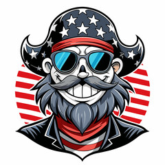 Wall Mural - Black and White Illustration of a Smiling Pirate Wearing Patriotic American Flag Sunglasses