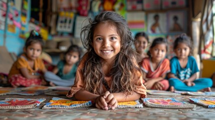 Wall Mural - Child joyfully learning and welcoming classroom environment. 