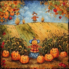 Wall Mural - Pumpkin Patch Border with Scarecrows and Cornfields