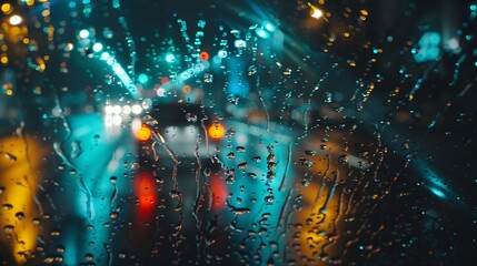 Aufkleber - Rain drops on window windshield jaw drop in city at night travel : Generative AI