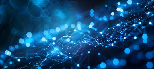 Poster - Abstract blue background with white dots and lines forming an interconnected network pattern on the right side, representing global connectivity or technology communication 