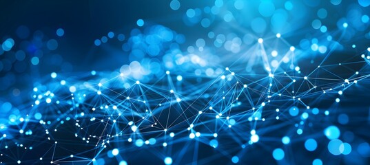 Poster - Abstract blue background with white dots and lines forming an interconnected network pattern on the right side, representing global connectivity or technology communication 